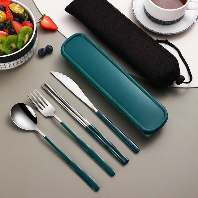 304 Portable Stainless Steel Tableware Set – Travel Cutlery with Storage Box