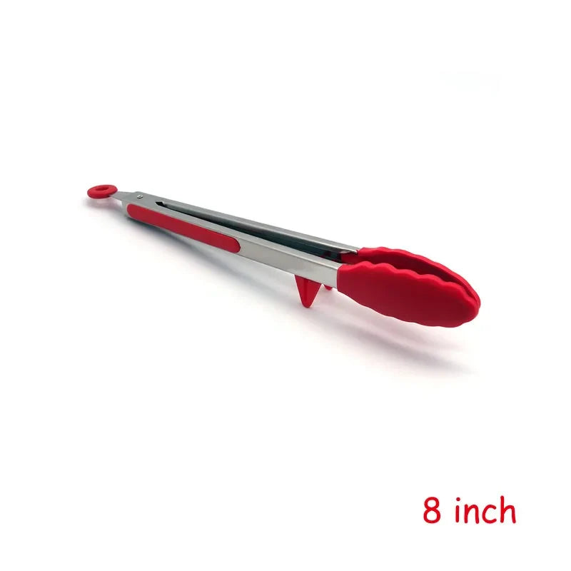 LMETJMA Stainless Steel Cooking Tongs – Heat Resistant BBQ Tongs with Silicone Tips & Stand