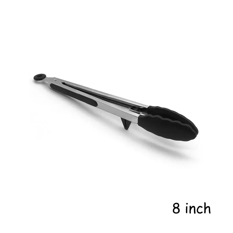 LMETJMA Stainless Steel Cooking Tongs – Heat Resistant BBQ Tongs with Silicone Tips & Stand