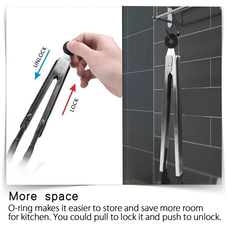 LMETJMA Stainless Steel Cooking Tongs – Heat Resistant BBQ Tongs with Silicone Tips & Stand