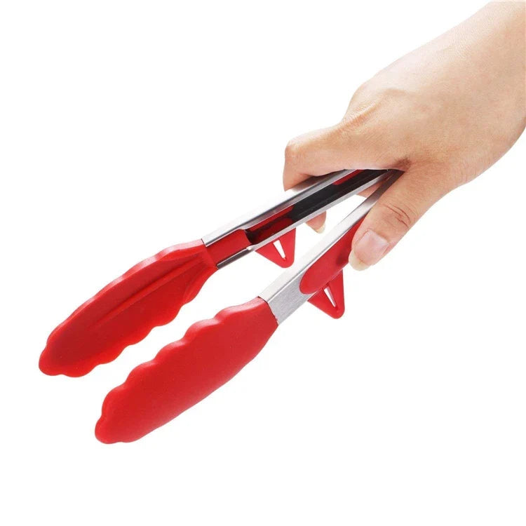 LMETJMA Stainless Steel Cooking Tongs – Heat Resistant BBQ Tongs with Silicone Tips & Stand