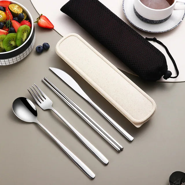 304 Portable Stainless Steel Tableware Set – Travel Cutlery with Storage Box