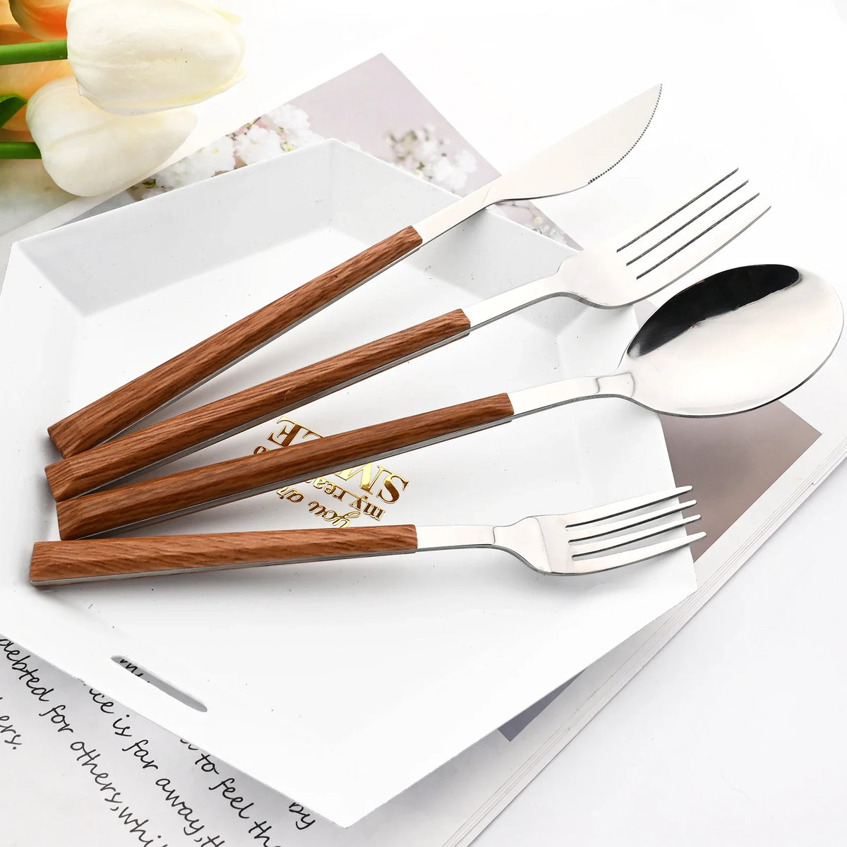Stainless Steel Cutlery Set with Imitation Wooden Handle – Knife, Fork & Tea Spoon (16/24/30pcs)