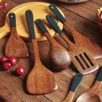 Solid Wood Ebony Spatula & Wooden Soup Ladle – Heat-Resistant Kitchen Utensil Set