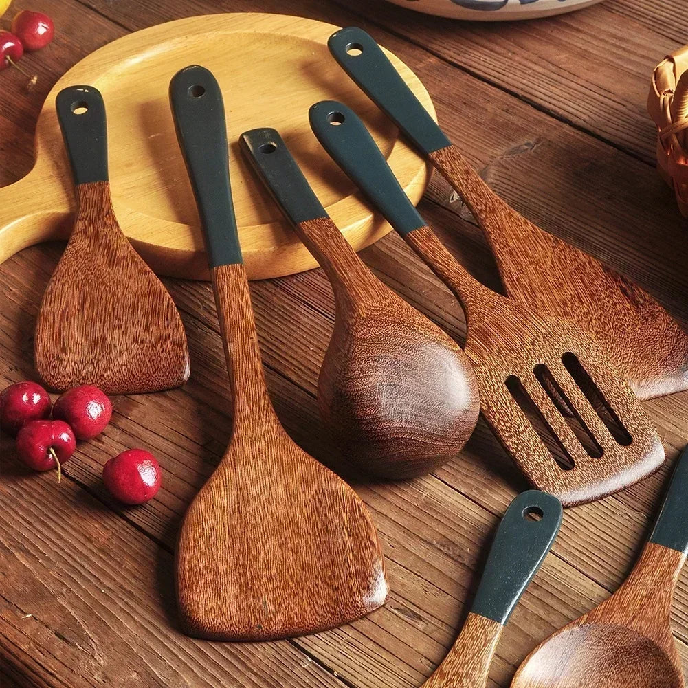 Solid Wood Ebony Spatula & Wooden Soup Ladle – Heat-Resistant Kitchen Utensil Set