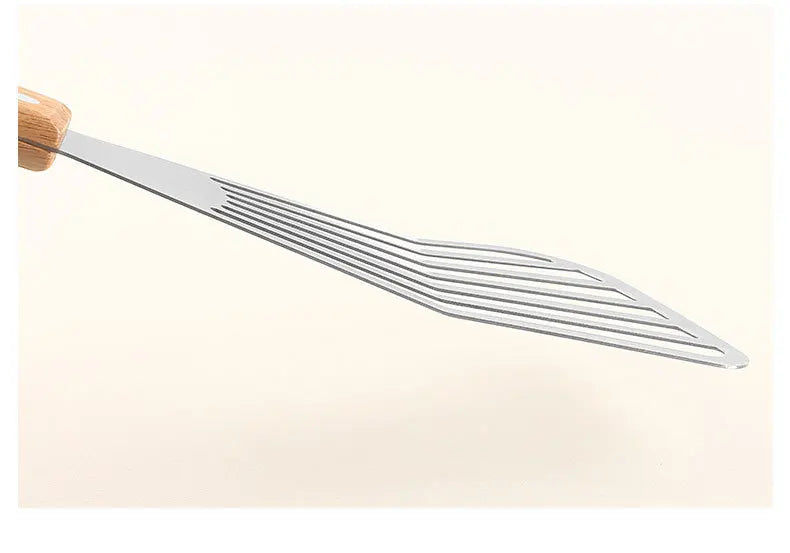 Stainless Steel Fish Frying Shovel with Wooden Handle – Fan-Shaped Turner for High-Temperature Cooking