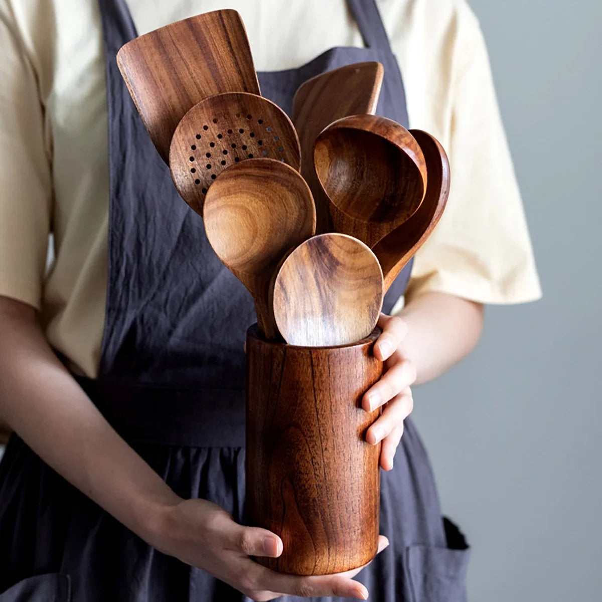 Wooden Kitchen Cooking Set – Spatula, Spoon & Salad Fork Set with Storage Bucket