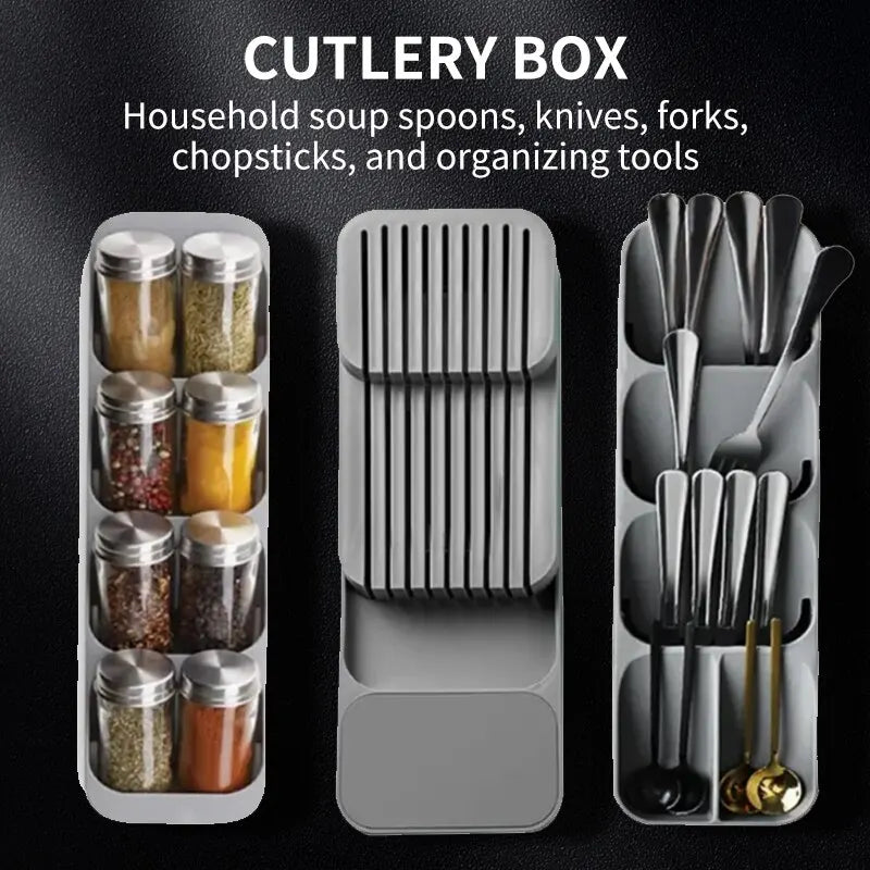 Kitchen Drawer Cutlery Storage Tray – Knife, Spoon & Fork Organizer with Spice Bottle Rack