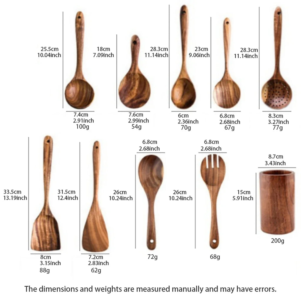 Wooden Kitchen Cooking Set – Spatula, Spoon & Salad Fork Set with Storage Bucket