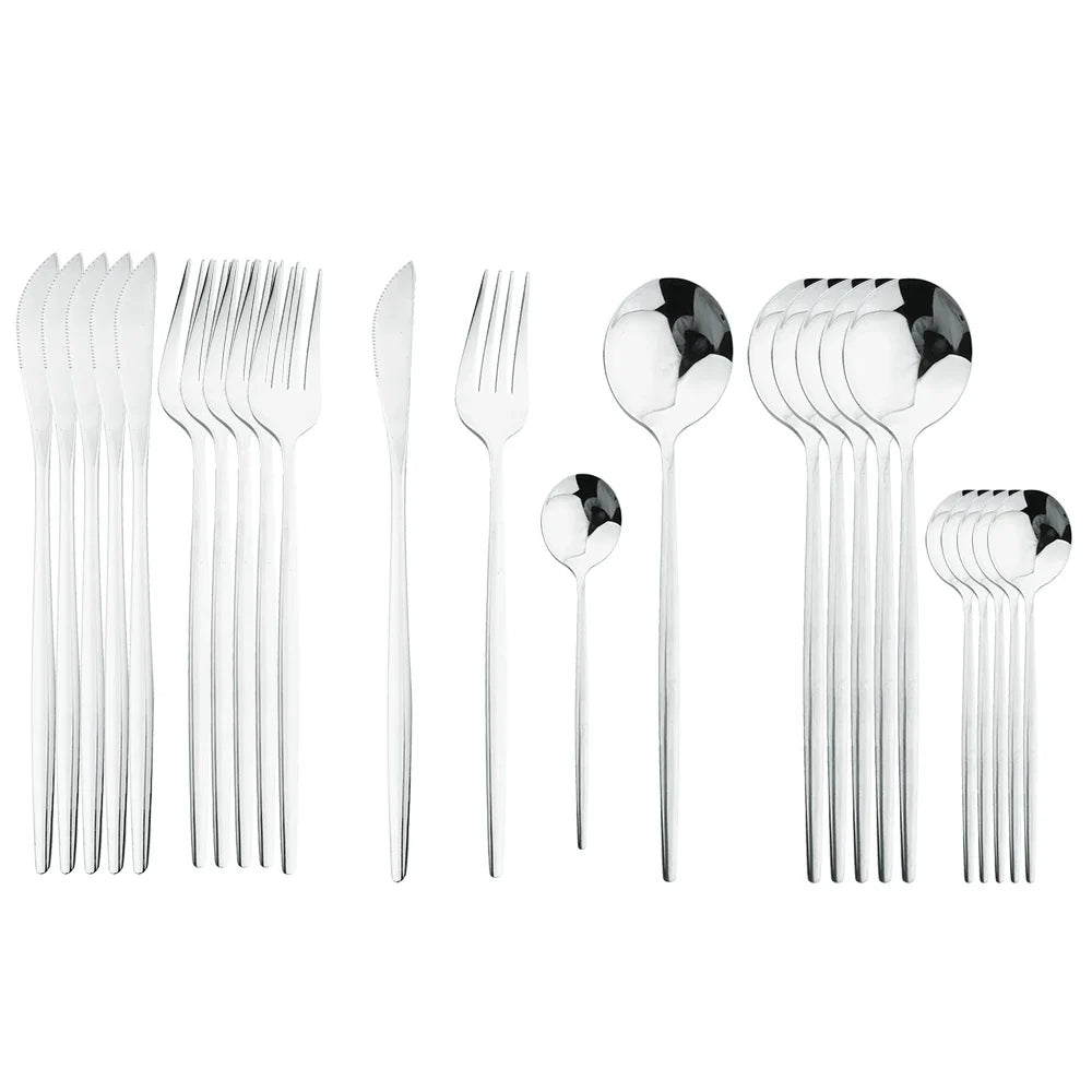 Black Handle Golden Cutlery Set – 24Pcs Stainless Steel Knife, Fork & Spoon Dinnerware