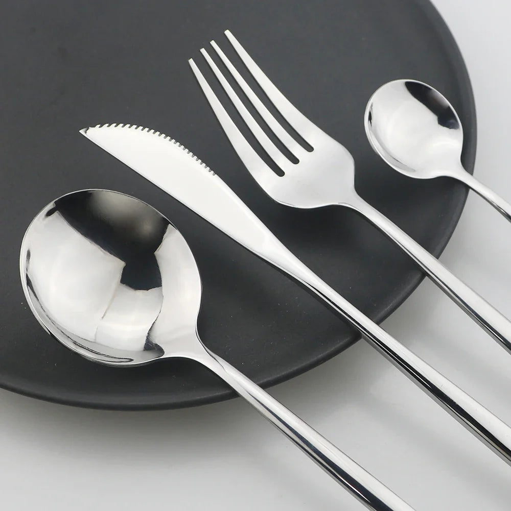 Black Handle Golden Cutlery Set – 24Pcs Stainless Steel Knife, Fork & Spoon Dinnerware