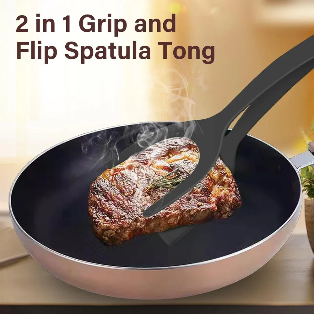 2 in 1 Grip & Flip Spatula Tongs – Nylon Non-Stick Egg & Pancake Flipper