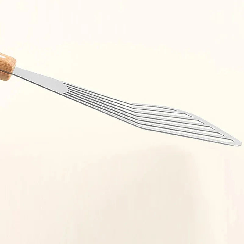 Stainless Steel Fish Frying Shovel with Wooden Handle – Fan-Shaped Turner for High-Temperature Cooking