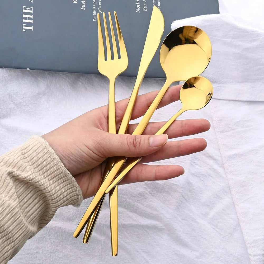 Black Handle Golden Cutlery Set – 24Pcs Stainless Steel Knife, Fork & Spoon Dinnerware