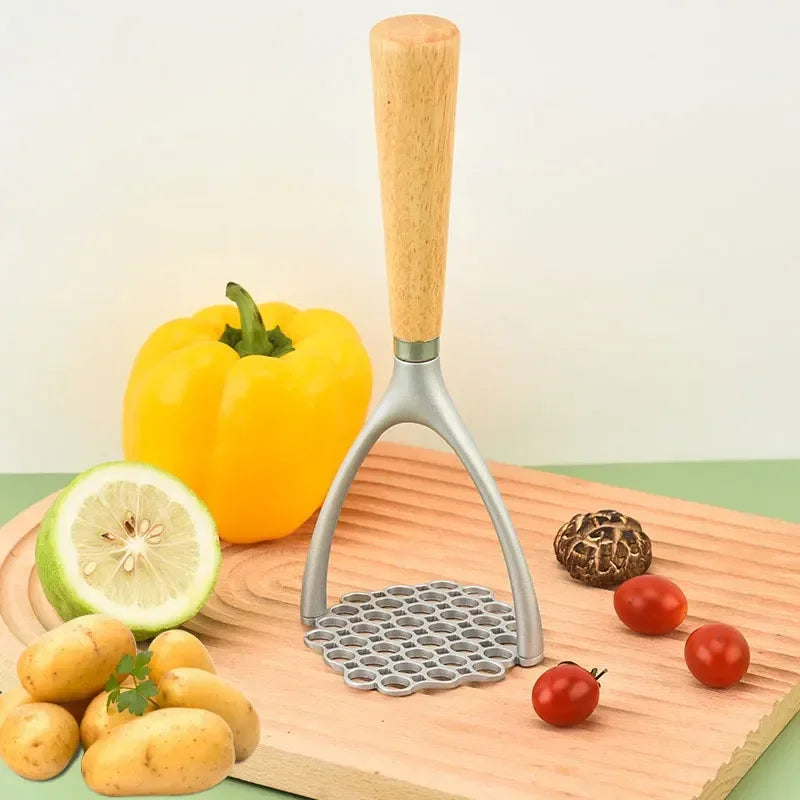 Aluminum Manual Potato Masher – Wood Handle Multi-Purpose Food Crusher