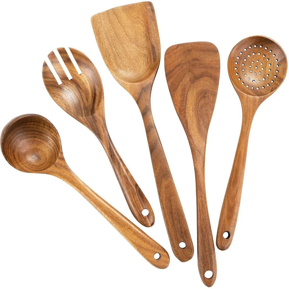Wooden Kitchen Cooking Set – Spatula, Spoon & Salad Fork Set with Storage Bucket