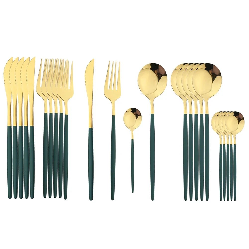 Black Handle Golden Cutlery Set – 24Pcs Stainless Steel Knife, Fork & Spoon Dinnerware