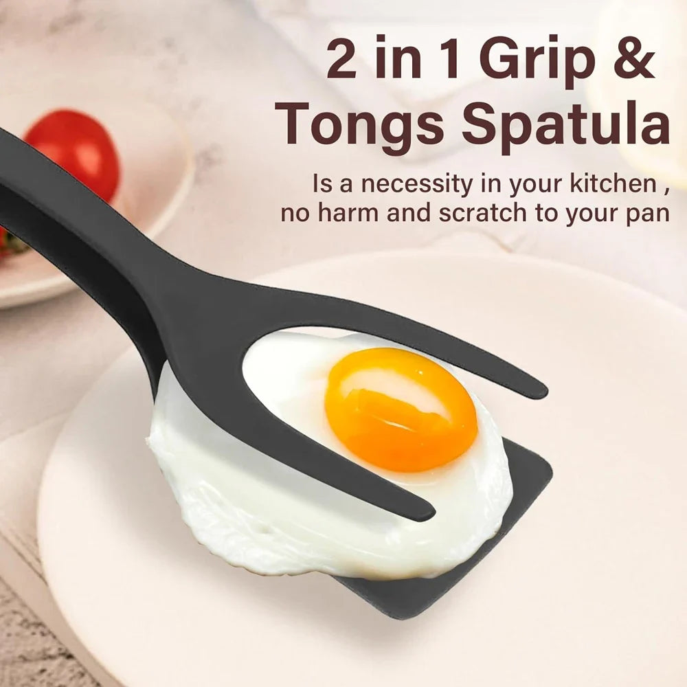 2 in 1 Grip & Flip Spatula Tongs – Nylon Non-Stick Egg & Pancake Flipper