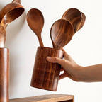 Wooden Kitchen Cooking Set – Spatula, Spoon & Salad Fork Set with Storage Bucket