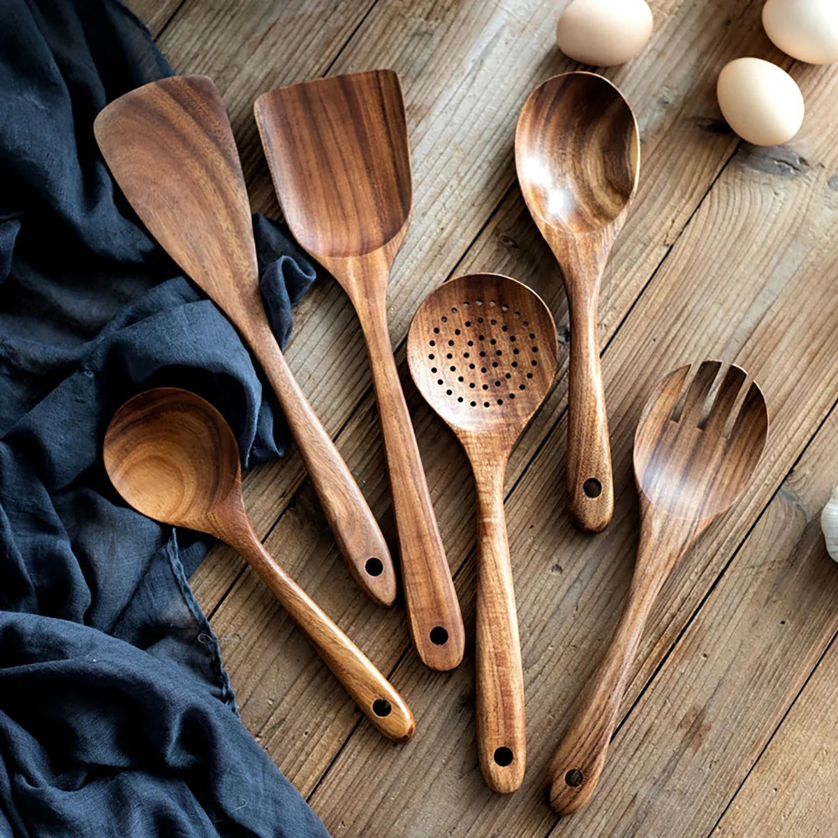 Wooden Kitchen Cooking Set – Spatula, Spoon & Salad Fork Set with Storage Bucket