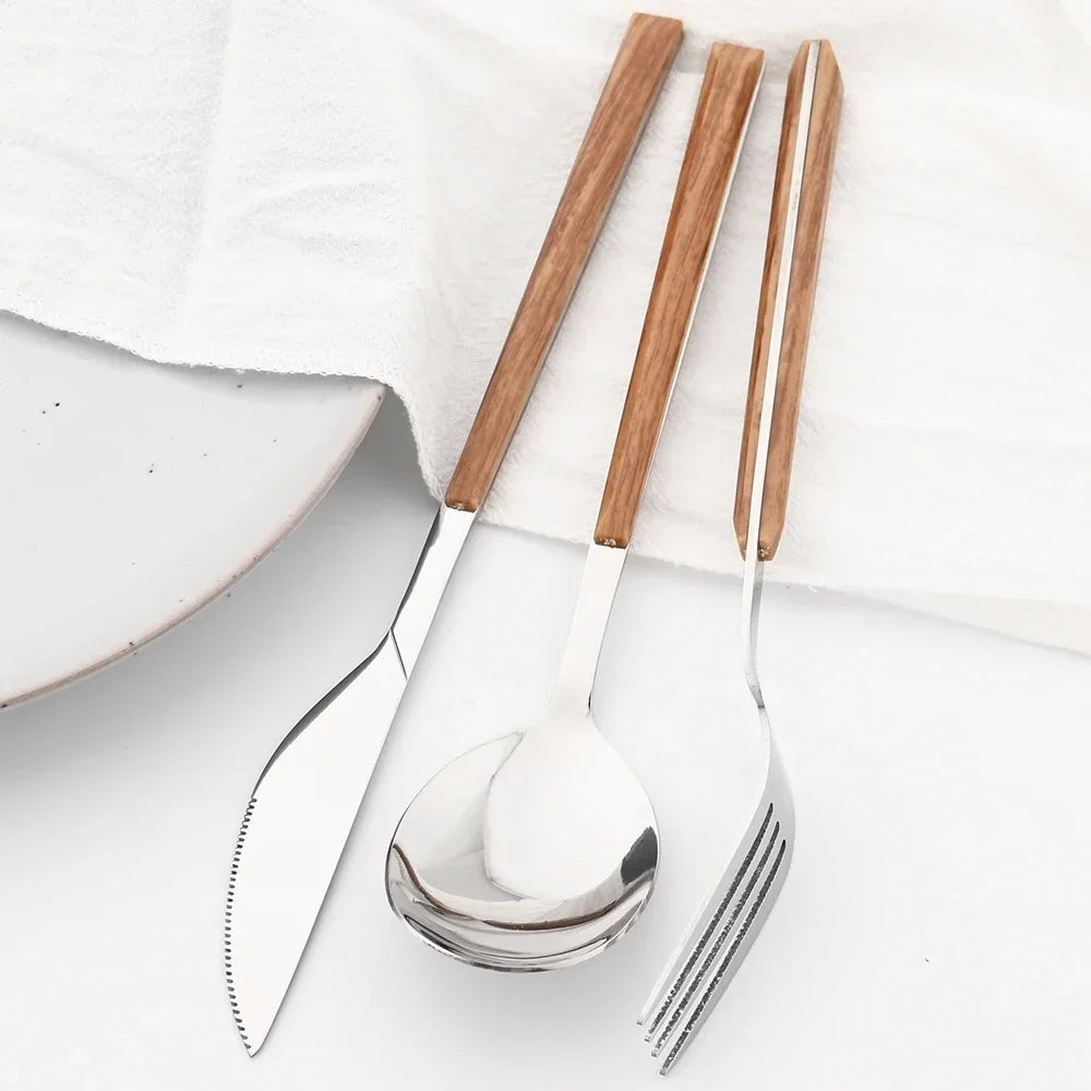 Stainless Steel Cutlery Set with Imitation Wooden Handle – Knife, Fork & Tea Spoon (16/24/30pcs)