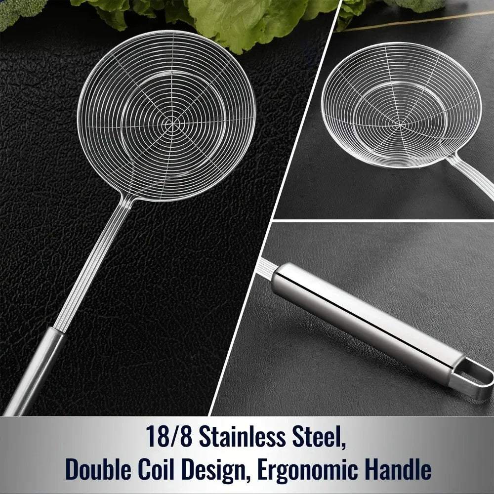 Stainless Steel Double Round Spoon – Reinforced Spider Strainer for Frying & Cooking
