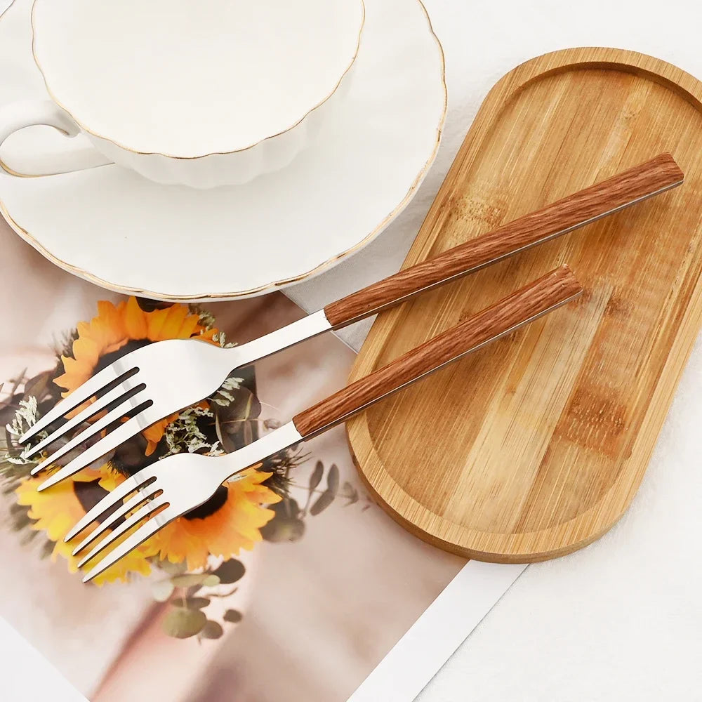Stainless Steel Cutlery Set with Imitation Wooden Handle – Knife, Fork & Tea Spoon (16/24/30pcs)