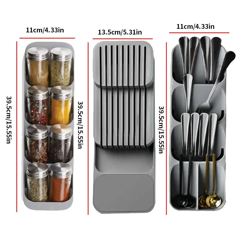 Kitchen Drawer Cutlery Storage Tray – Knife, Spoon & Fork Organizer with Spice Bottle Rack