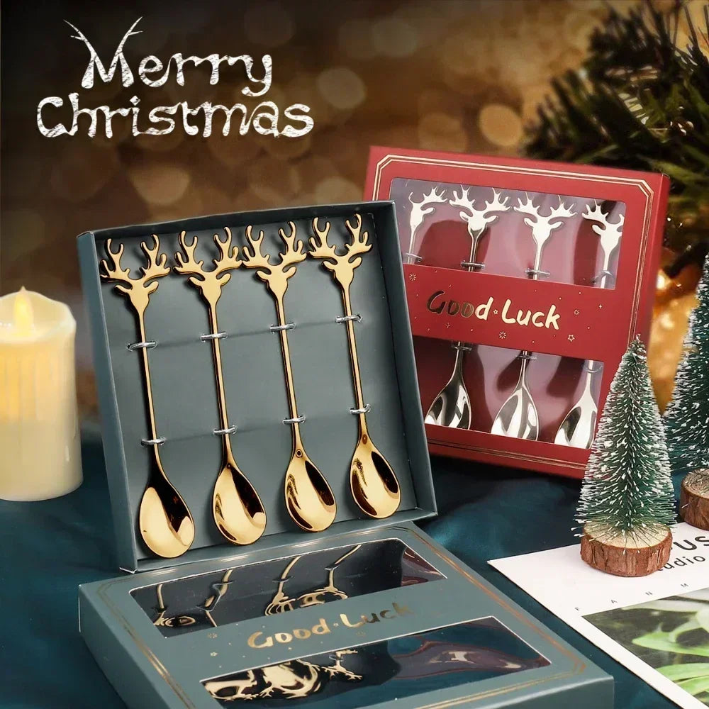 Christmas Elk Head Stainless Steel Coffee Spoon – Festive Table Decoration & Gift