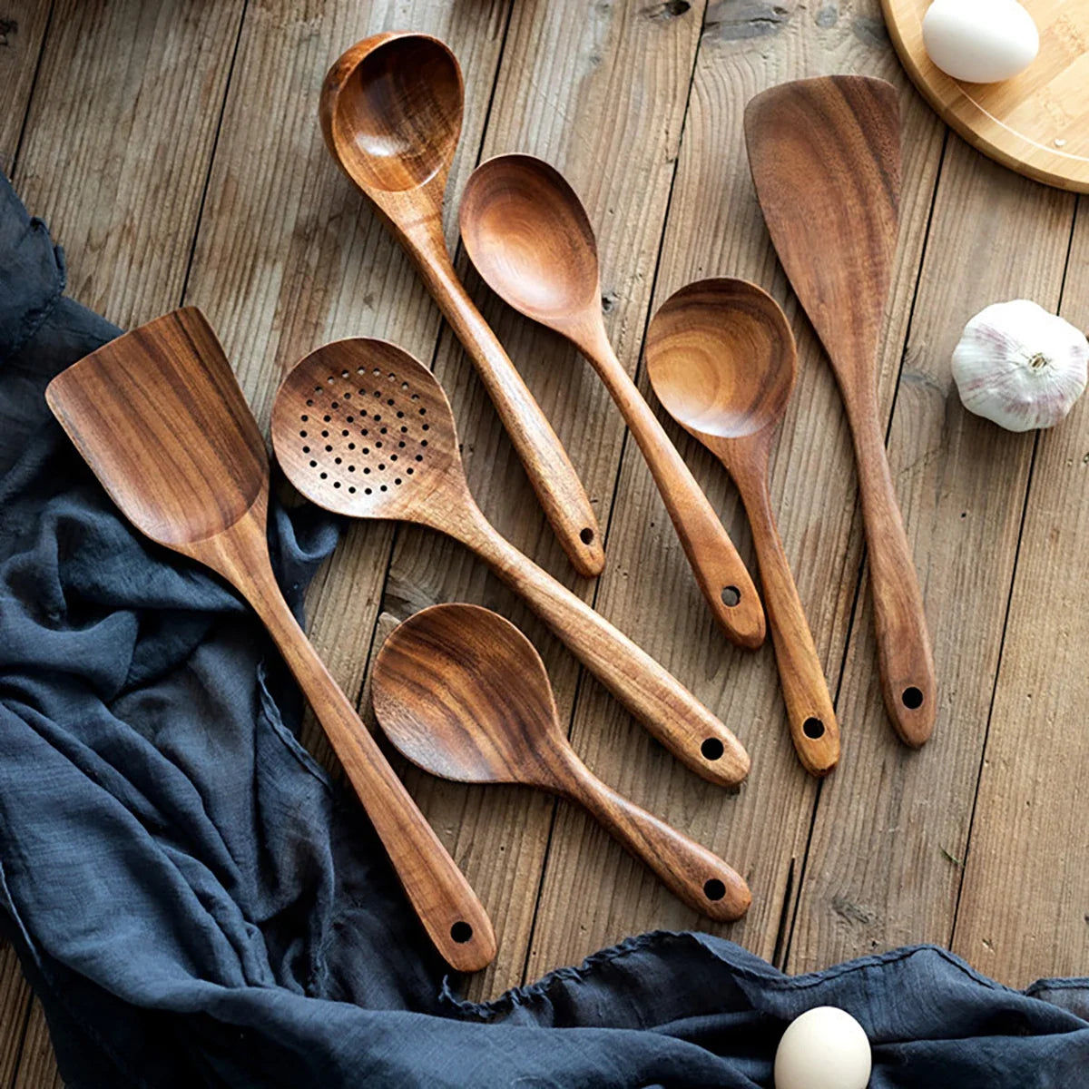 Wooden Kitchen Cooking Set – Spatula, Spoon & Salad Fork Set with Storage Bucket