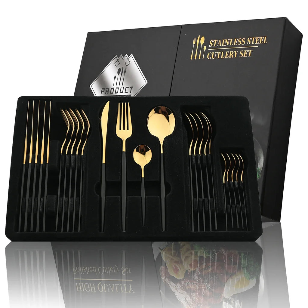 Black Handle Golden Cutlery Set – 24Pcs Stainless Steel Knife, Fork & Spoon Dinnerware
