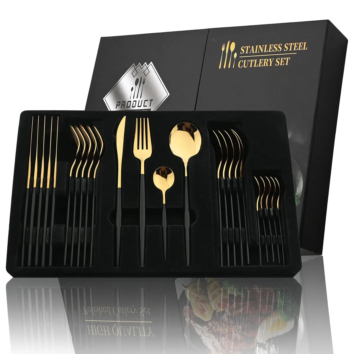 Black Handle Golden Cutlery Set – 24Pcs Stainless Steel Knife, Fork & Spoon Dinnerware