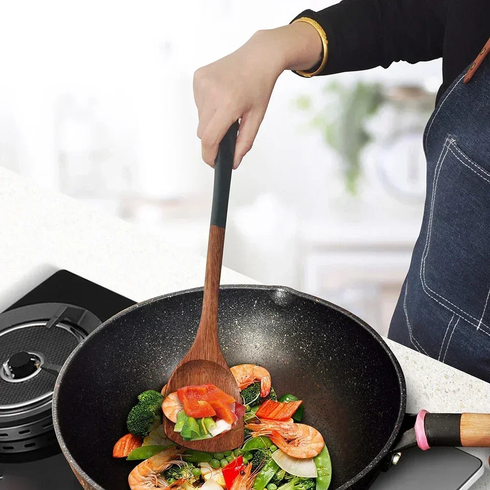 Solid Wood Ebony Spatula & Wooden Soup Ladle – Heat-Resistant Kitchen Utensil Set