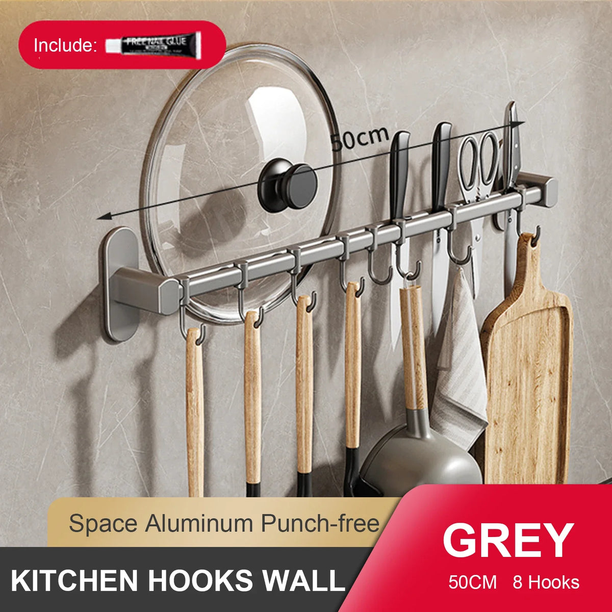 Wall Mounted Kitchen Hook Rack – No-Punching Utensils & Storage Hanger