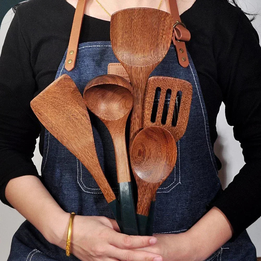 Solid Wood Ebony Spatula & Wooden Soup Ladle – Heat-Resistant Kitchen Utensil Set