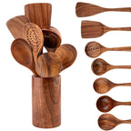Wooden Kitchen Cooking Set – Spatula, Spoon & Salad Fork Set with Storage Bucket