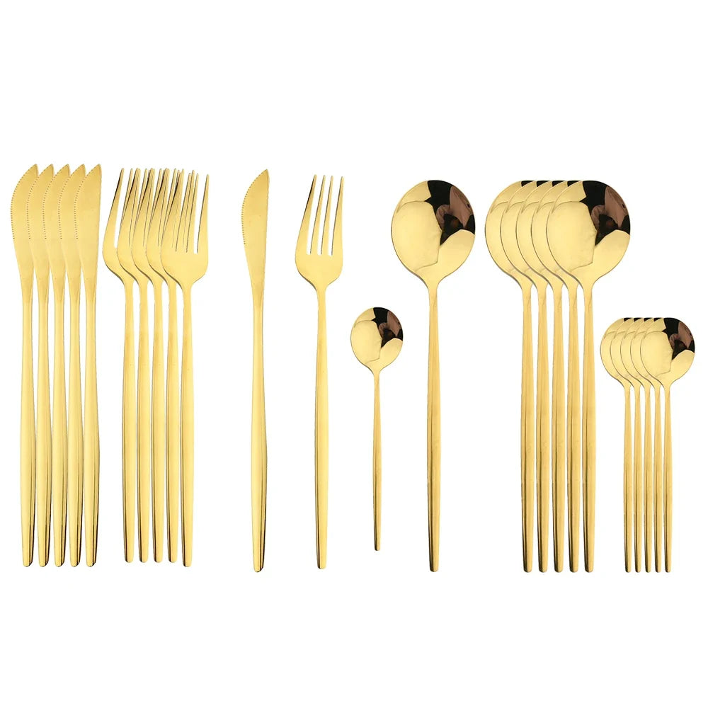 Black Handle Golden Cutlery Set – 24Pcs Stainless Steel Knife, Fork & Spoon Dinnerware