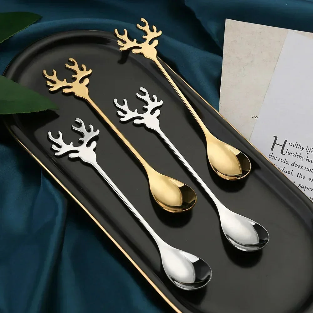 Christmas Elk Head Stainless Steel Coffee Spoon – Festive Table Decoration & Gift