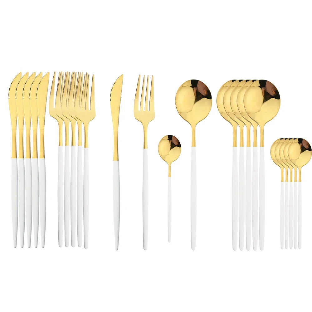Black Handle Golden Cutlery Set – 24Pcs Stainless Steel Knife, Fork & Spoon Dinnerware