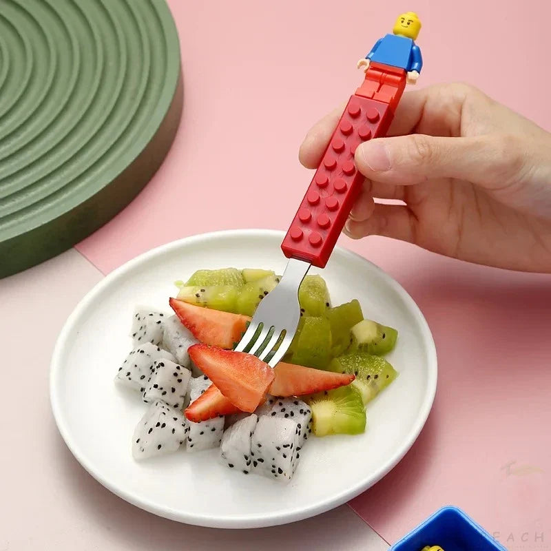 Creative Building Blocks Kids Cutlery Set – Portable Stainless Steel Fork & Spoon with Storage Box