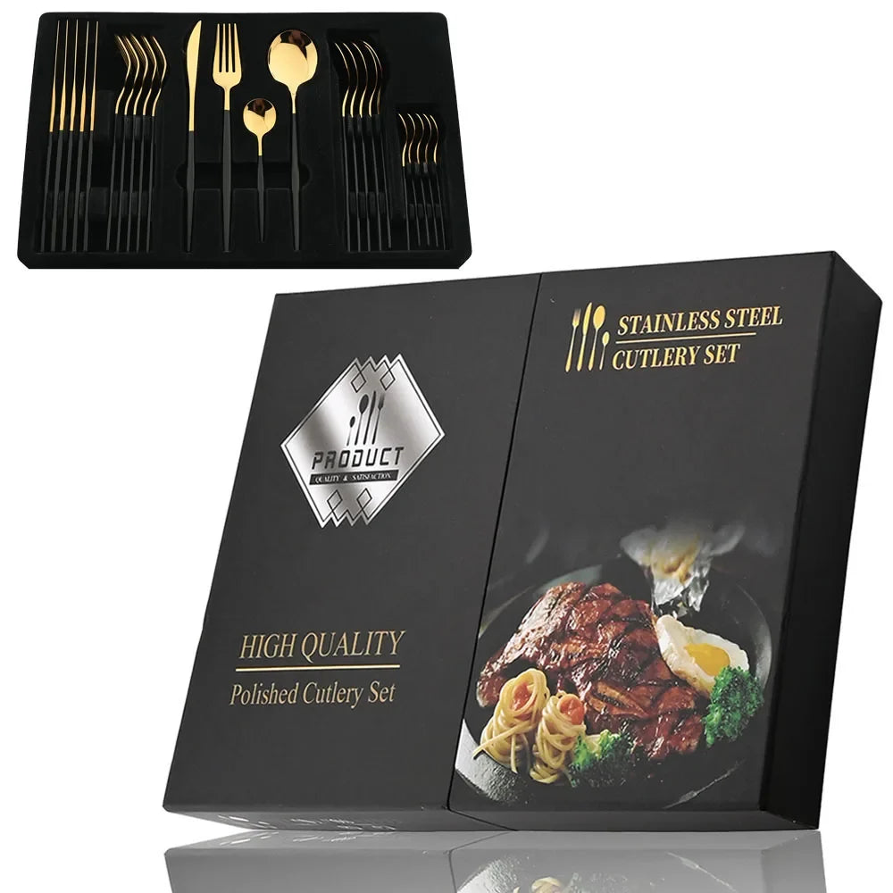 Black Handle Golden Cutlery Set – 24Pcs Stainless Steel Knife, Fork & Spoon Dinnerware