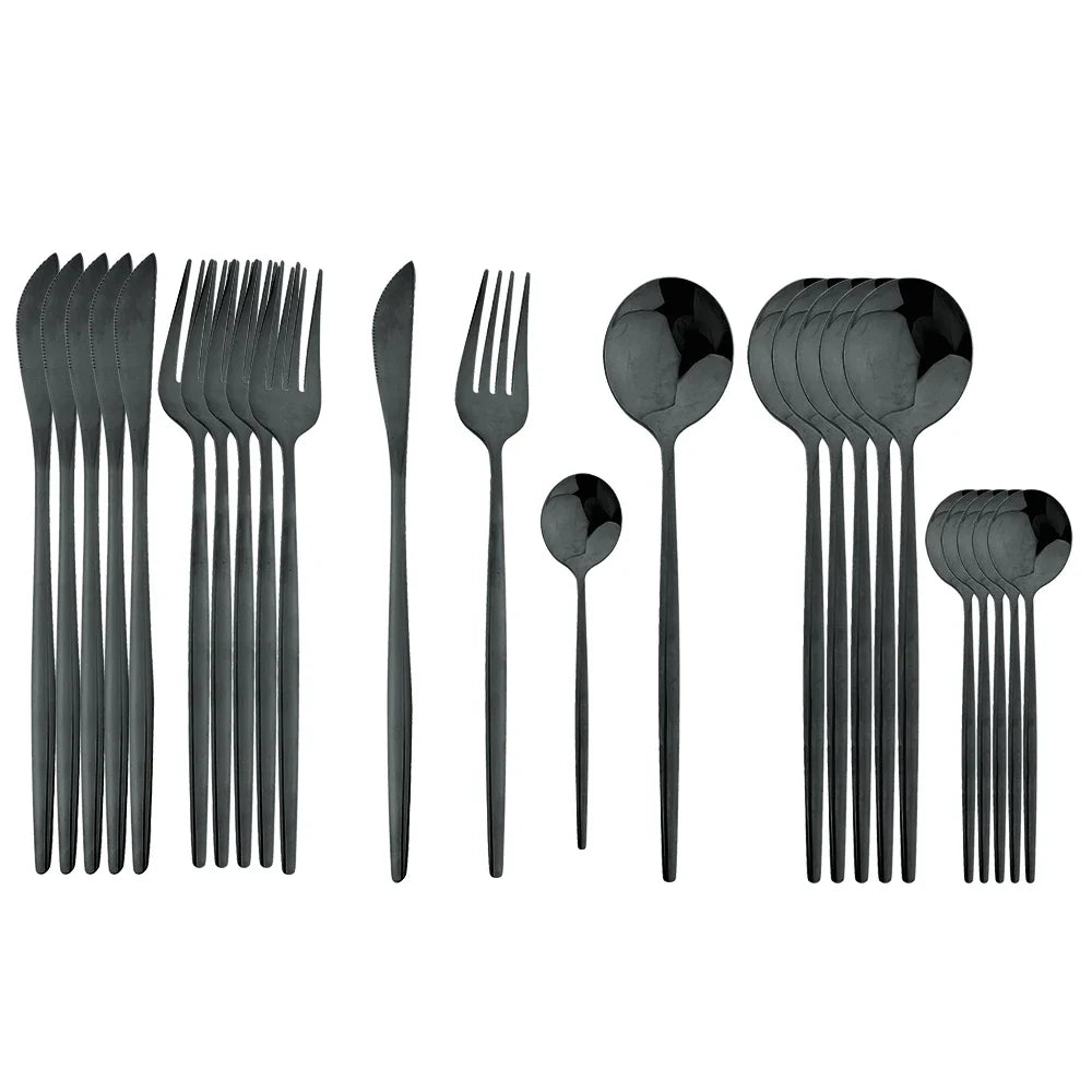 Black Handle Golden Cutlery Set – 24Pcs Stainless Steel Knife, Fork & Spoon Dinnerware