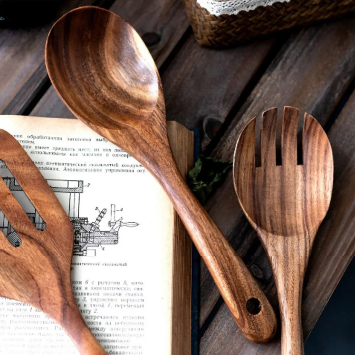 Wooden Kitchen Cooking Set – Spatula, Spoon & Salad Fork Set with Storage Bucket