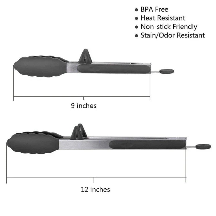 LMETJMA Stainless Steel Cooking Tongs – Heat Resistant BBQ Tongs with Silicone Tips & Stand
