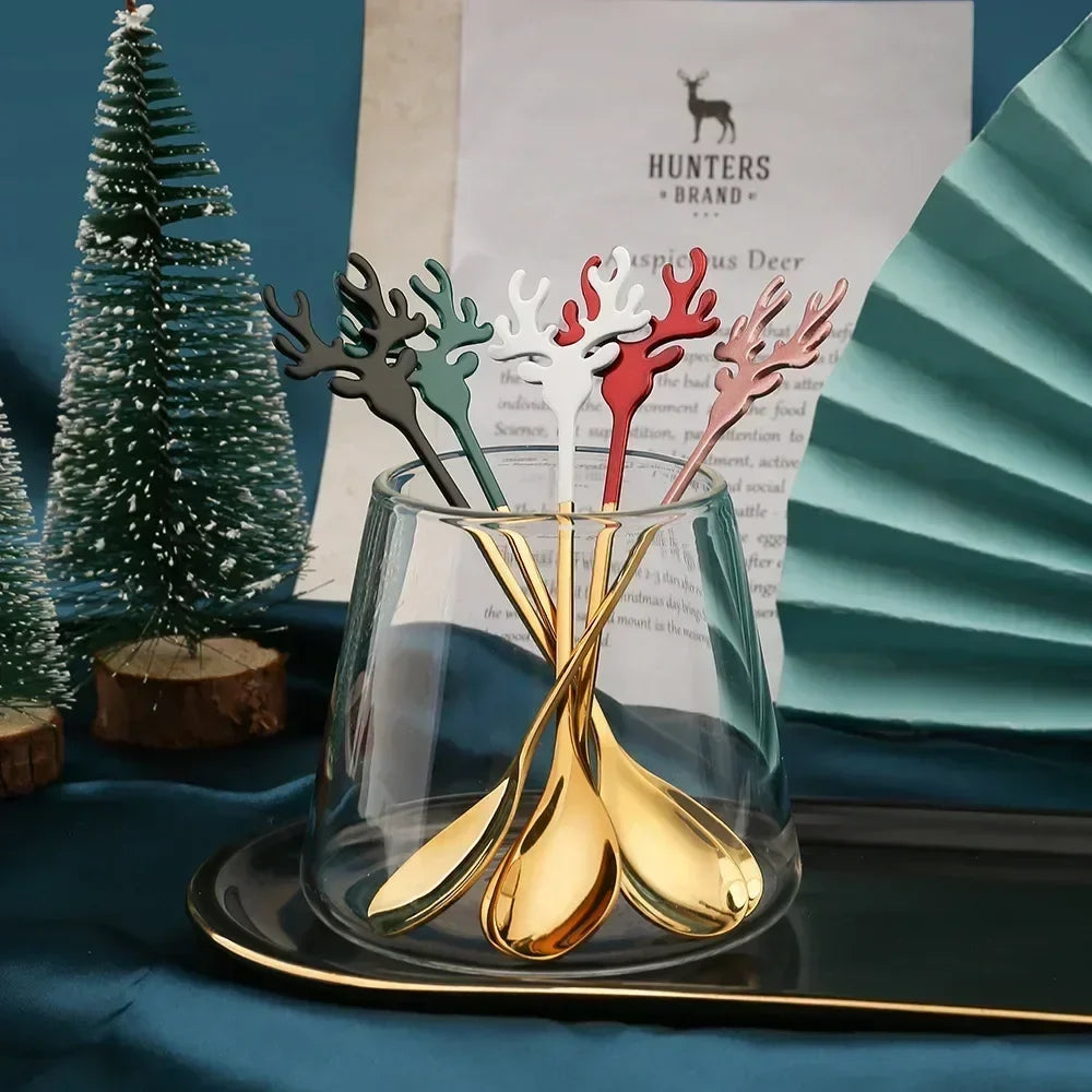 Christmas Elk Head Stainless Steel Coffee Spoon – Festive Table Decoration & Gift