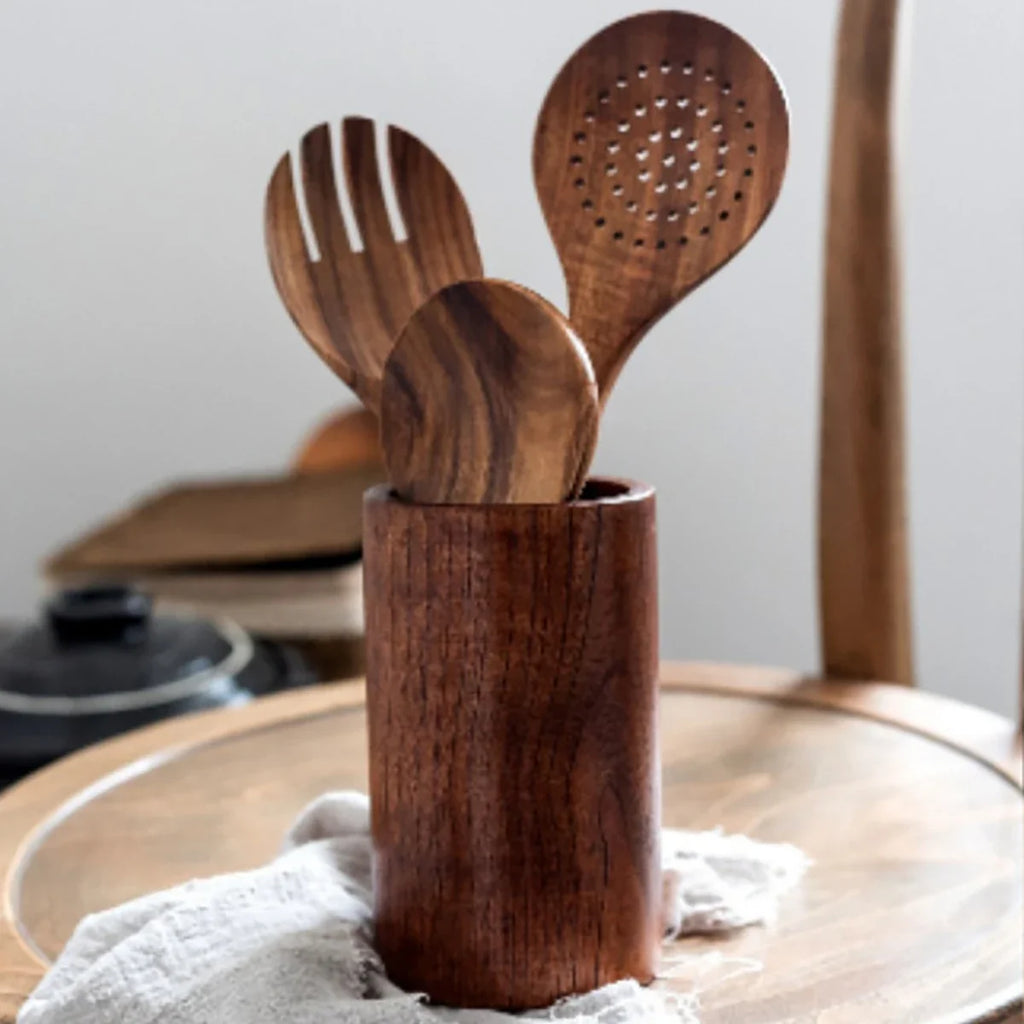 Wooden Kitchen Cooking Set – Spatula, Spoon & Salad Fork Set with Storage Bucket