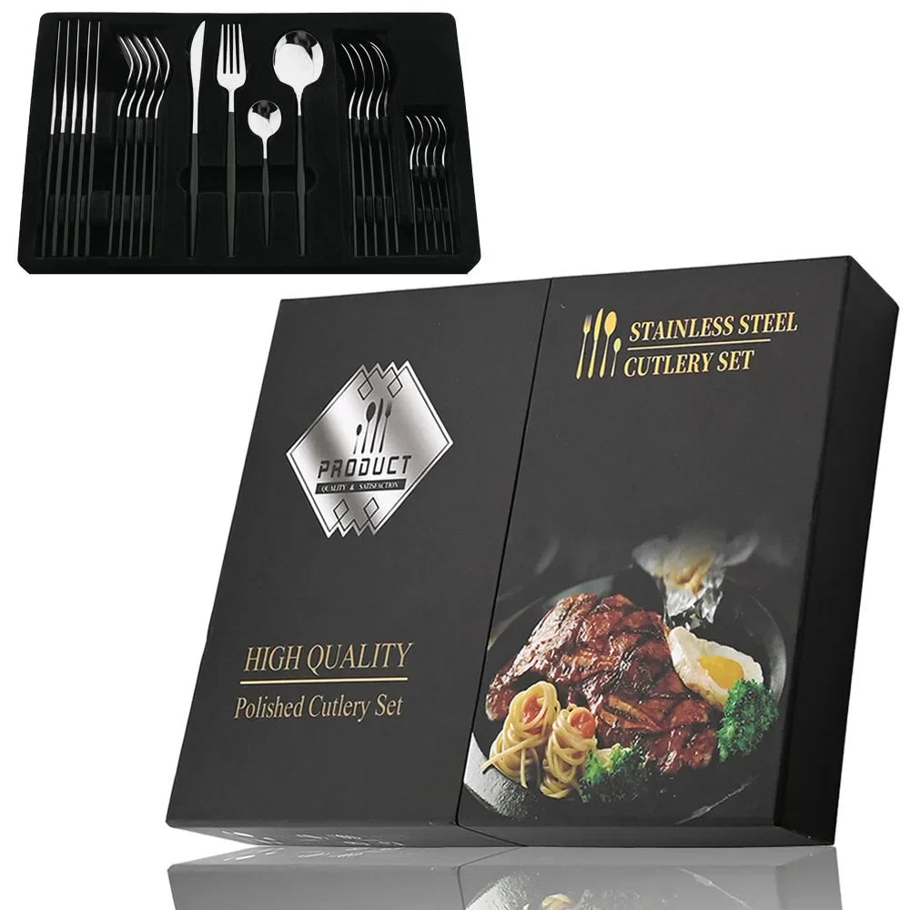 Black Handle Golden Cutlery Set – 24Pcs Stainless Steel Knife, Fork & Spoon Dinnerware
