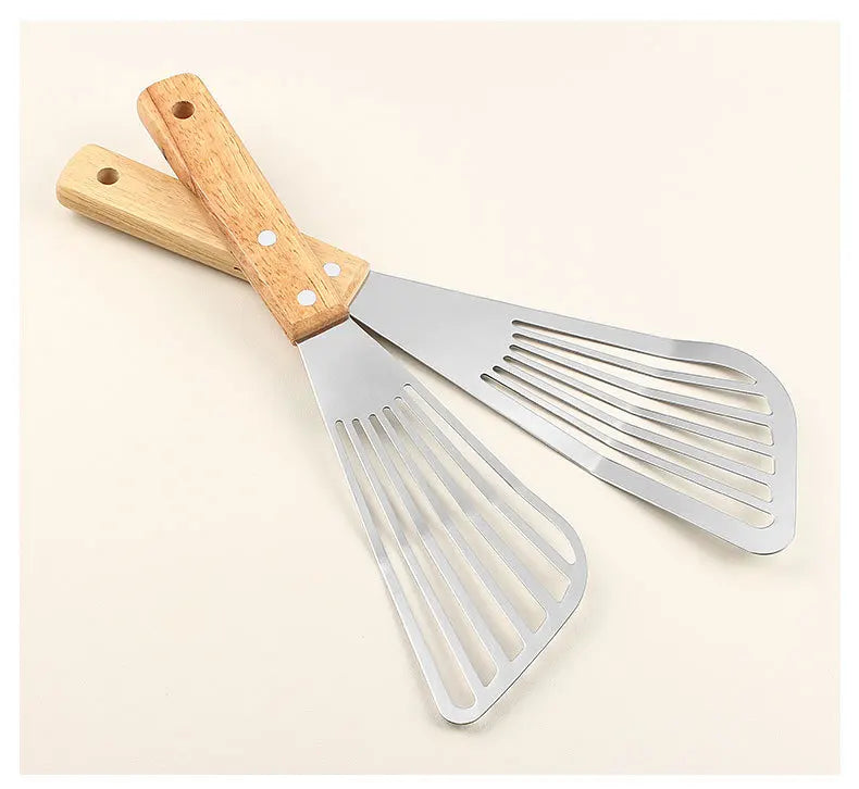 Stainless Steel Fish Frying Shovel with Wooden Handle – Fan-Shaped Turner for High-Temperature Cooking