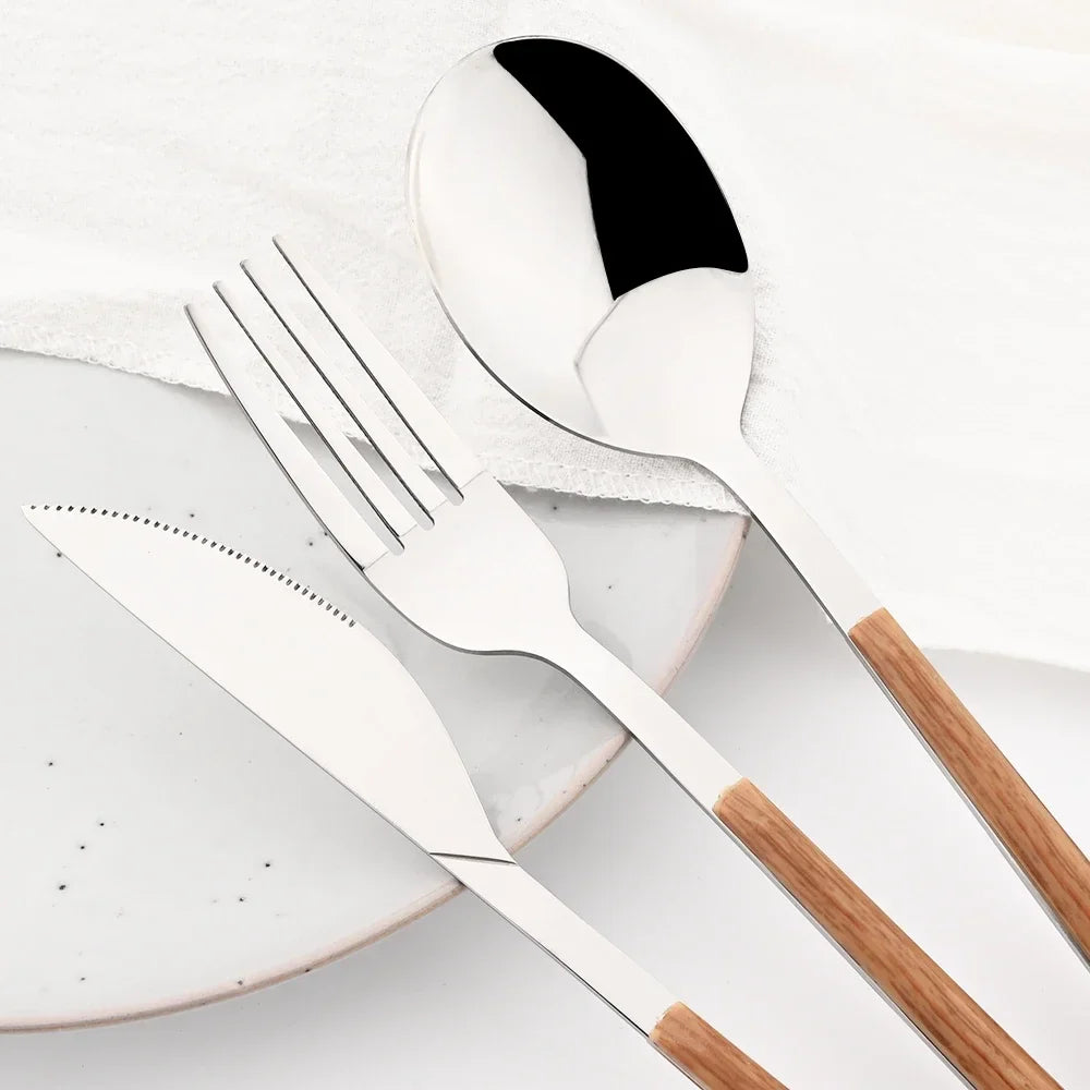 Stainless Steel Cutlery Set with Imitation Wooden Handle – Knife, Fork & Tea Spoon (16/24/30pcs)