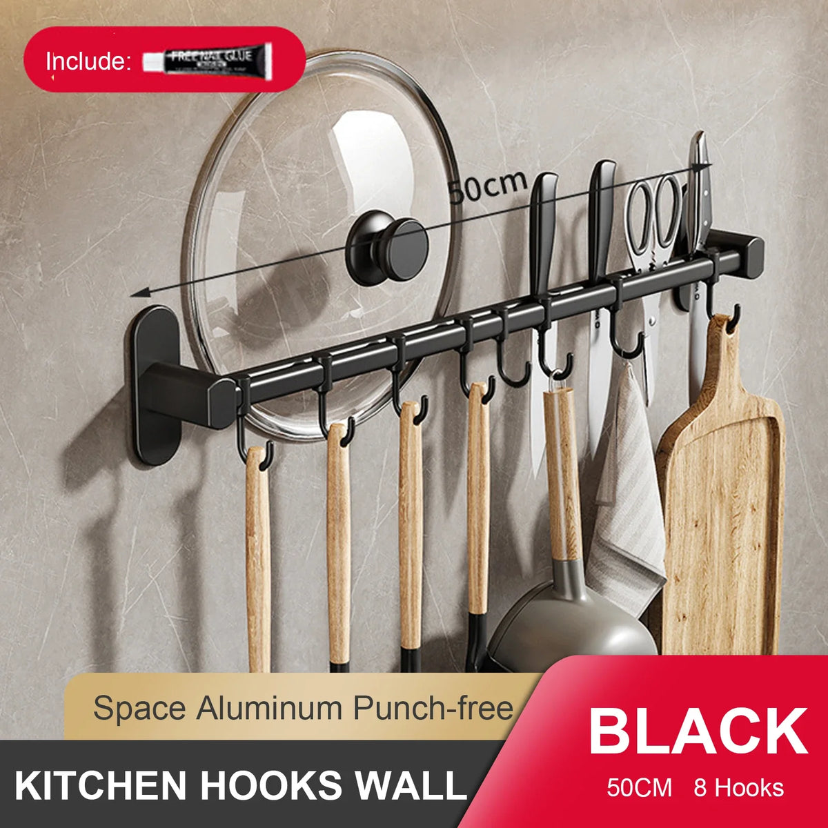 Wall Mounted Kitchen Hook Rack – No-Punching Utensils & Storage Hanger